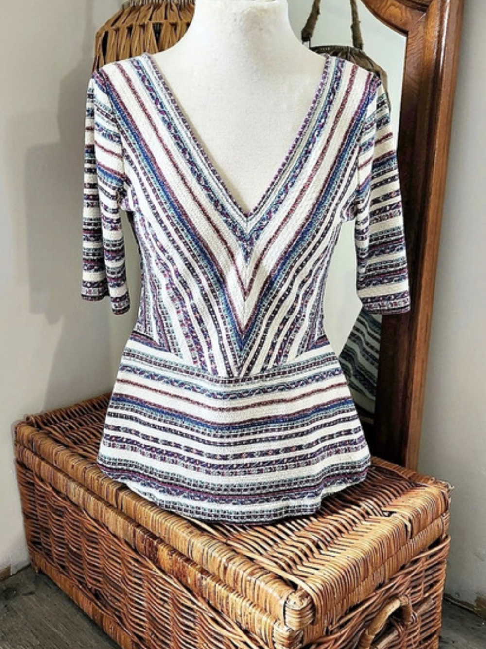 Anthropologie Geometric Peplum Top in White, Blue & Brugundy